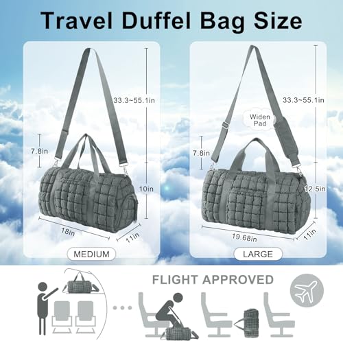Quilted Travel Duffle Bag Gym Bag for Women,Large Puffer Duffle Weekender Bag with Compartment,Workout Overnight Carry on Organizer Bag Duffle Bag for Airplane Travel(L-Grey) - color: Grey, size: Large
