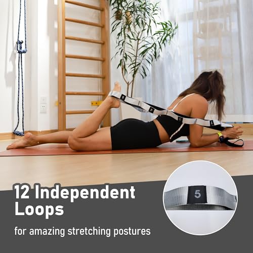 Stretch Bands for Exercise, Non Elastic Yoga Stretching Strap with Loops, 3.8cm x 2.45m, Stretching Bands for Physical Therapy, Yoga, Pilates, Dance, Gymnastics Exercise - color: Black