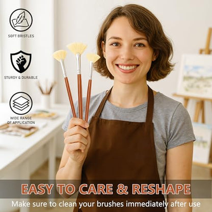 DUGATO Hog Hair Fan Paint Brush Set, 7-Piece Long Handle Brushes | Comfortable Wood Handle for Ceramic Pottery Glazing & Painting, Ideal for Acrylic & Oil, Smooth Blending & Texture Effects - size: 7pcs Fan Brushes