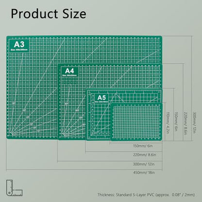 4Pcs 5-Layer Double Sided Cutting Mat Anti-Slip Rotary Cutting Board | 4 sizes(A3/A4/A5/A6) dual-scale(cm/inch) 45°/60° angle guides non-slip base high-density PVC green low-glare for fabric craft