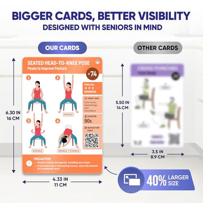 [100+ BIG CARDS] Chair Yoga for Seniors Over 60 - Chair Yoga Cards with Step-by-step Guides Full HD Videos, 28 Days Challenge for 3 Levels, Bonus 4 Rings & Wooden Base, Chair Exercises for Senior