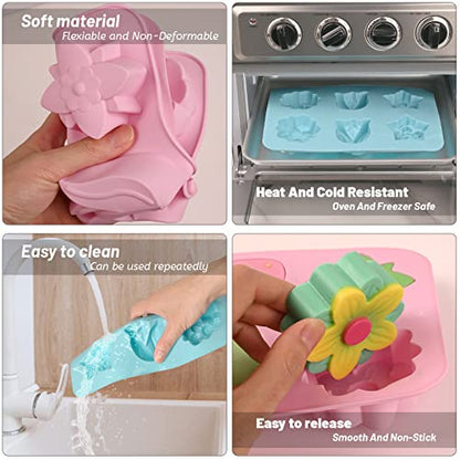 Sakolla 6-Cavity Flower Soap Molds Silicone, 2 Pack Tulip Different Flower Shapes Silicone Molds for Soap, Lotion Bar, Bath Bombs, Chocolate, Candy Baking Molds Jelly, Ice Cube Tray - color: Tulip Flower/Pink & Blue