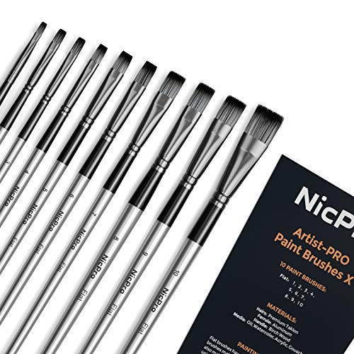 Nicpro 10 PCS Flat Paint Brush Set, Art Painting Brushes for Acrylic, Watercolor, Oil, Gouache, Craft, Detail, Face Body Painting, Base Coating, Artist Paintbrush Kit for Kid & Adult - size: Flat