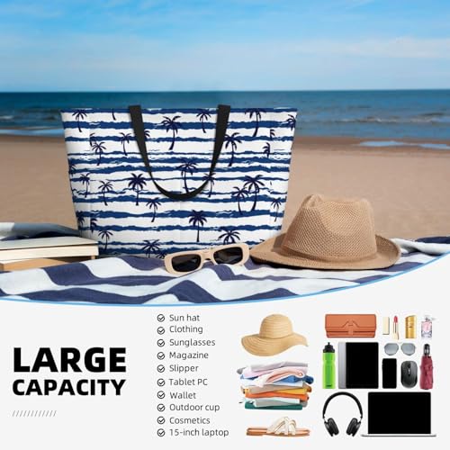Large Beach Bag for Women Waterproof Foldable Travel Shoulder Tote Bag with Pocket for Weekender Pool Vacation - color: Palm White