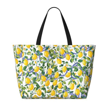 Large Beach Bag for Women Waterproof Foldable Travel Shoulder Tote Bag with Pocket for Weekender Pool Vacation - color: Lemon White