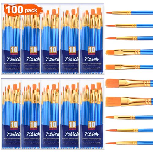 ESRICH Acrylic Paint Brushes Set, 10 Packs/ 100 Pcs Watercolor Brushes | Nylon Brush Head for Oil Painting, Gouache, Face,Ceramics etc, Kid's and Adults Painting Arts and Crafts Paint Set - color: Blue, size: 100