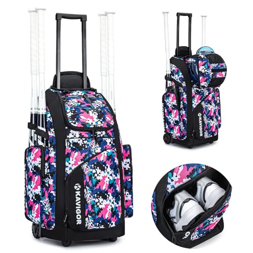 KAVIGOR Rolling Baseball Bag with Wheels, 60L Capacity Softball Bag Holds 4 Bats for Boys and Girls, Youth Equipment Bag with Shoe Compartment - color: Pink Camo
