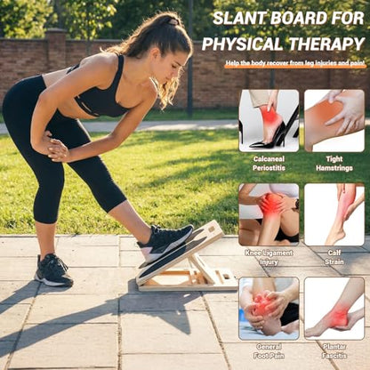 2-in-1 Wooden Slant Board & Balance Board | Adjustable Incline Board for Calf Stretching, Squat Wedge, Ankle Support | Foldable Design | Includes Workout Poster & Resistance Bands