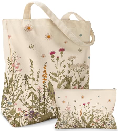 Miss Adola Aesthetic 2 Pack Canvas Tote Bag - with Makeup Zipper Pouch for Women Bag for Shopping, Gym, Travel, Vacation - color: Flower Grass
