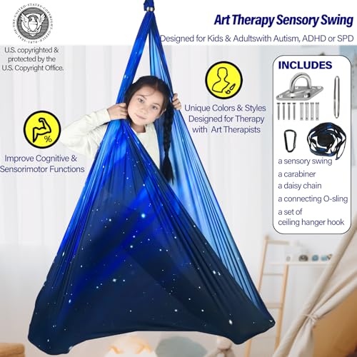 Sensory Swing for Kids Holds 300lbs Therapy Cuddle Hammock Chair | Soft breathable skin-friendly fabric, indoor & outdoor usable, calming sensory support for kids with Autism, ADHD and SPD - color: Space Blue