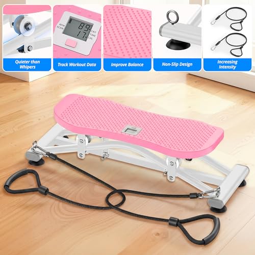 RYGEO Balance Board with Resistance Bands, Versatile Rocking Stepper, Wobble Board Featuring LCD Monitor, 330 lbs High-Capacity Ski Twister Trainer for Full Body Exercise at Home - color: Pink