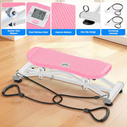 RYGEO Balance Board with Resistance Bands, Versatile Rocking Stepper, Wobble Board Featuring LCD Monitor, 330 lbs High-Capacity Ski Twister Trainer for Full Body Exercise at Home - color: Pink