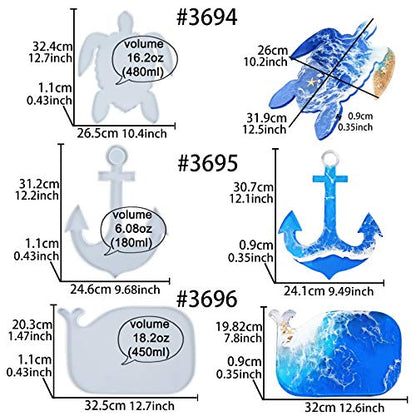 Epoxy Resin Silicone Tray Molds Turtle Whale Anchor for Serving Board, Platter, Wall Hanging, Concrete, Cement, Polymer Clay 3-in-Set Extra Large Length 12.5inch - color: Turtle Whale Anchor Shapes Boards (Set of 3)