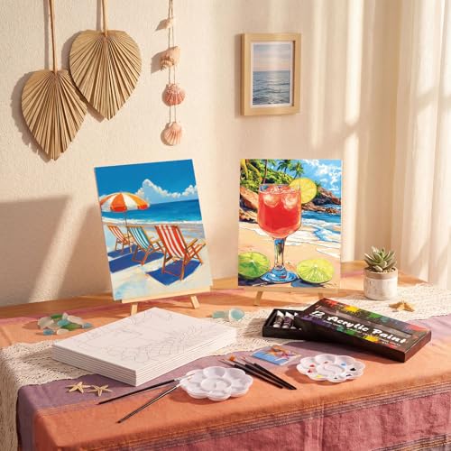 Ctosree 72 Pcs Hawaii Paint and Sip Kit for Adults 8'' x 10'' Pre Drawn Canvas for Painting DIY Pre Printed Canvas for Party Favor Acrylic Painting Kit Wood Easel Brushes Date Night Bulk - style: Hawaii
