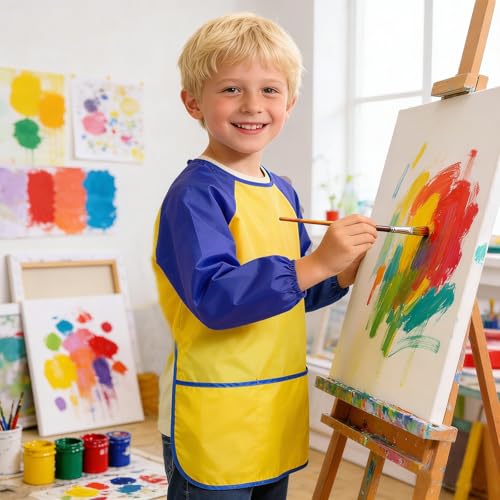2 Pack Kids Art Smock Waterproof with Long Sleeve and 3 Roomy Pockets Artist Children Aprons for Toddlers Age 3-8 Painting Crafts（Yellow+Red） - color: 2 Pack Yellow+red