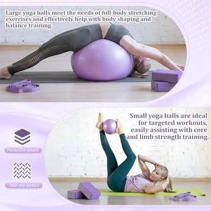 6-in-1 Yoga Balls and Yoga Block Set with Strap Foot Pump, Exercise Pregnancy Balls for Birthing, Pilates Kit Fitness Physical Therapy Home Gym Workout Equipment - color: Purple