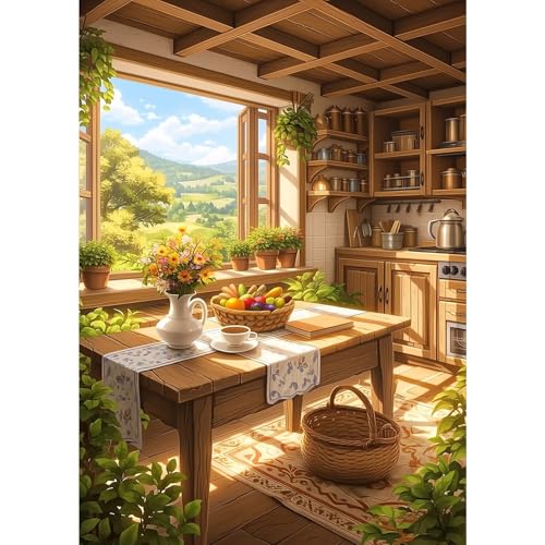 MXJSUA Cozy Kitchen Diamond Art Painting Kits for Adults, Full Drill 5D Round Dots Diamonds Paint Picture for Beginners, Gem Art Painting Craft Kits for Home Decor Gift 12x16 inch - color: Cozy Kitchen