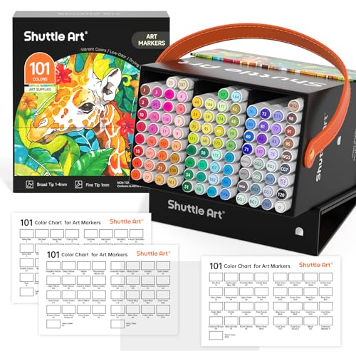 Shuttle Art 101 Colors Alcohol Markers, 100 Colors Dual Tip Art Marker Set Plus 1 Colorless Blender with Marker Case Perfect for Illustration Students Adult Coloring Sketching - color: 101 Colors