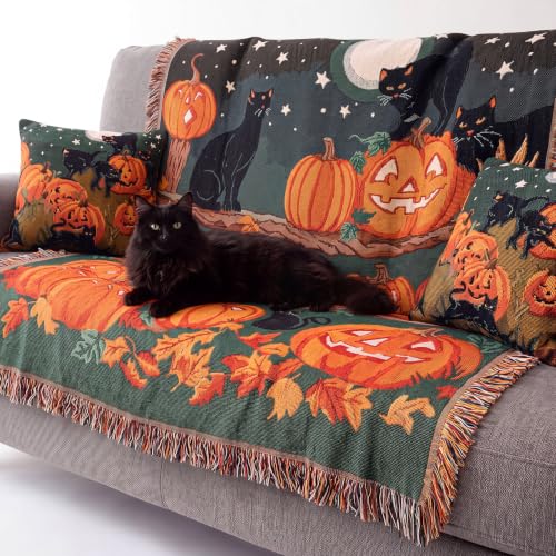 Moukeren 60 x 50 Inch Halloween Woven Tapestry Blanket with Pumpkin and Cat with Colorful Tassels for Couch Sofa Chair, and Wall Hanging Home Decor - style: Halloween Pumpkin