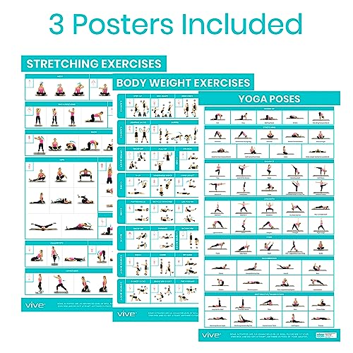 Vive Workout Posters for Home Gym (3 Pack) - Bodyweight, Yoga Poses
