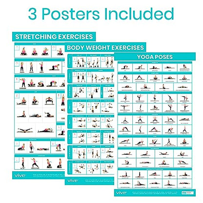 Vive Workout Posters for Home Gym (3 Pack) - Bodyweight, Yoga Poses