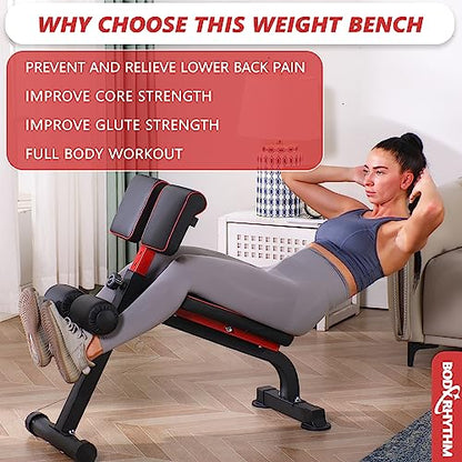 BODYRHYTHM Compact Adjustable Weight Bench for Full Body Strength Training, Ab/Back Hyper Roman Chair, Adjustable Ab Sit up Bench, Incline Decline Bench, Flat Bench, Hyperextension Bench, Back Extension Machine - color: Black