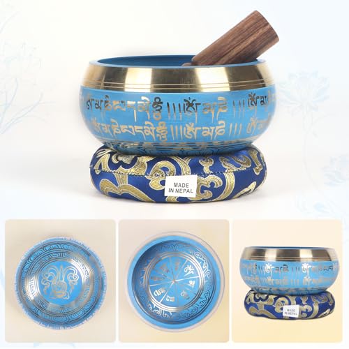 Kmise Tibetan Singing Bowls Set- Handmade in Nepal Meditation Sound Bowls for Yoga, Meditation, Mindfulness, Healing and Chakra Balancing, Stress Relief (5', Blue) - color: 5inch Blue