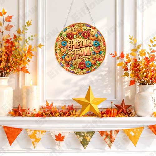Eiflow Acrylic Diamond Art Hanging Kit for Adults, DIY Diamonds Painting Door Hanger Board Kit, Special Crystal Diamond Art Painting Pendant Ornament (Hello Fall) - color: Hello Fall
