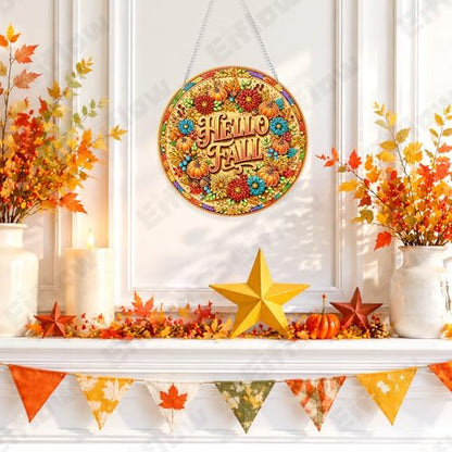 Eiflow Acrylic Diamond Art Hanging Kit for Adults, DIY Diamonds Painting Door Hanger Board Kit, Special Crystal Diamond Art Painting Pendant Ornament (Hello Fall) - color: Hello Fall