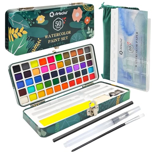 Artecho 50-Color Watercolor Paint Set, Compact Travel Tin Case | 50 Colors: 46 Classic & 4 Fluorescent; 2 Brushes and 10 Watercolor Sheets for Beginners, Gifting and Travel Painting - style: 50 Colors