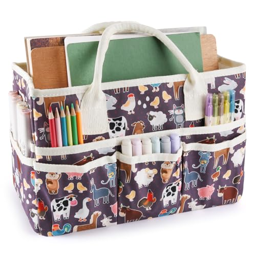 Craft Organizer Tote Bag with Multiple Pockets,Scrapbooking Art Storage | Portable Travel Containers for Caddy,Art and Craft Sewing Bag,Daily Use and Office Supplies Storage.Purple animals - color: Purple animals