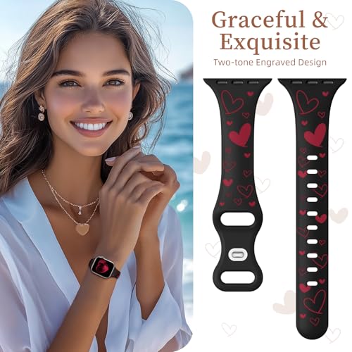 Lerobo Slim Thin Two-Tone Compatible with Apple Watch Band 40mm 38mm 41mm 42mm 44mm 45mm 46mm 49mm for Women- Soft Cute Flower/Heart Engraved Sport Band for iWatch Series 11 10 9 8 7 6 5 4 3 SE Ultra - color: B Black/Red, size: 44mm/45mm/46mm/49mm/(42mm-s