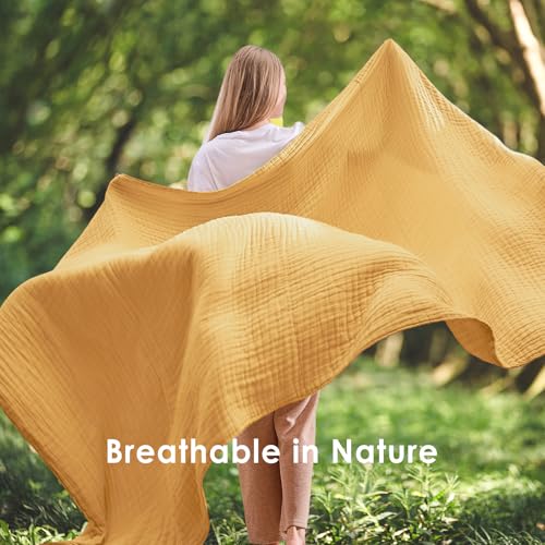 EMME Cotton Muslin Large Throw Blanket Couch Breathable Gauze Soft Lightweight Bed Blankets Adults (Heather Yellow, 50"x70") - color: 12 - Yellow, size: Large Throw (50" X 70")