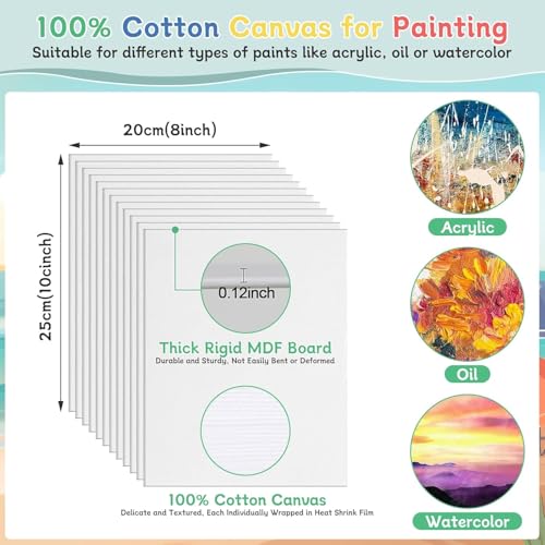 120pcs 8x10 Inch Painting Supplies Kit, 12 Colors Mini Acrylic Paint Set | 12 Pack Art Canvas Bulk with Easel Stand, Small Paint Brushes, Paint Trays, Paint Canvas Kit