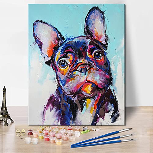 French Bulldog Easy Paint by Number Kit for Adults | French Bulldog 16x20 inch canvas, pre-numbered, easy paint by numbers kit. Relaxing DIY craft for dog lovers