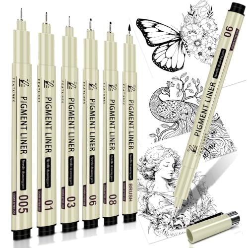 Micro Fineliner Pens 6 Types of Pen Nibs Fine Point Black Waterproof Drawing Pens, Archival Pigment Ink Sketching Supplies, Artist Inking Markers for Manga Journaling Illustration - color: 6 Tip Sizes