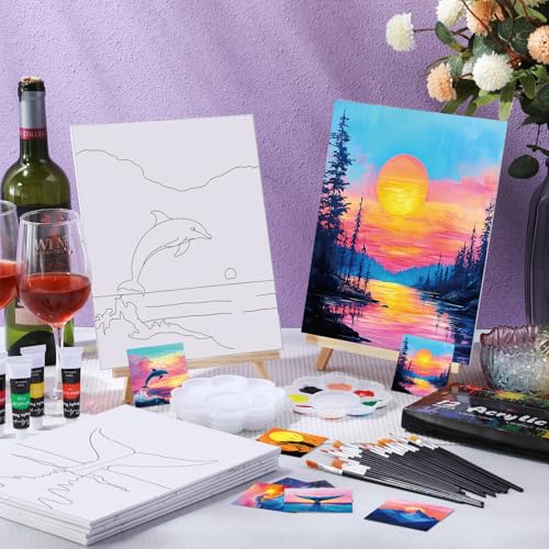 Cholemy 36 Pcs Paint and Sip Kit Gift for Adults 8''x10'',Sunset Style | Pre Drawn Canvas, Painting DIY Afro Acrylic Painting Kit, Wood Easel Brushes, Date Night Bulk, Summer Halloween Party - style: Sunset Style