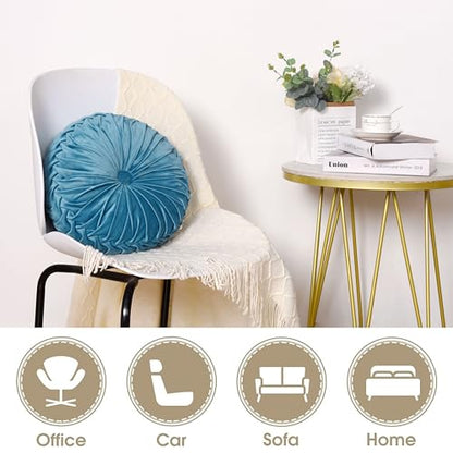 HIG Set of 2 Dusty Blue Velvet Decorative Round Pleated Throw Pillows - color: Dusty Blue