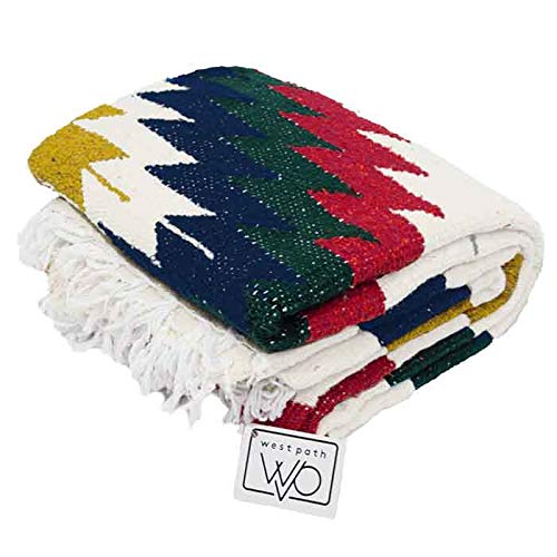 Open Road Goods Aztec Navajo Style Blanket, Throw, or Yoga Bolster - Handwoven Mexican Diamond Blanket (White Fiesta Blanket) - color: White Fiesta Blanket