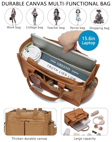 ZHMO Canvas Tote Bag for Women,Women's Bags Crossbody Bags Work Laptop Tote Bag Large Handbags Purse for Travel Nurse Teacher - color: New Upgrade Brown With Compartments and Side Cup Holders