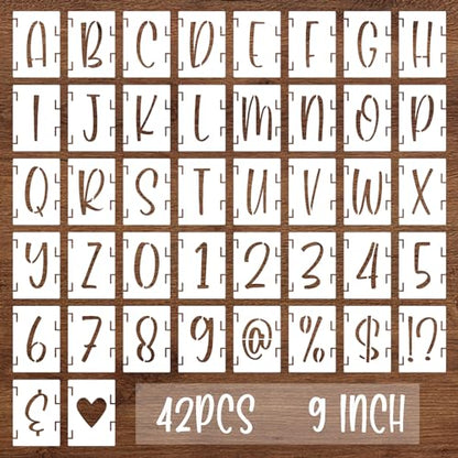 BAMIDELE 9 Inch Alphabet Letter Stencils, 42 Pcs Reusable Plastic Letters Numbers Symbol Interlocking Drawing Template Kit for Painting on Wood, Fabric, Rock, Chalkboard, Door Porch, Wall, Signage - size: 9 Inch