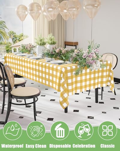 Smiry 8 Packs Gingham Disposable Table Cloth, 54 x 108 Inch Waterproof Plastic Tablecloth, Rectangle Gold and White CheckeGold Table Covers for Party, Birthday, Picnic, Banquet - color: Gold and White, size: 54"x108" (Pack of 8)