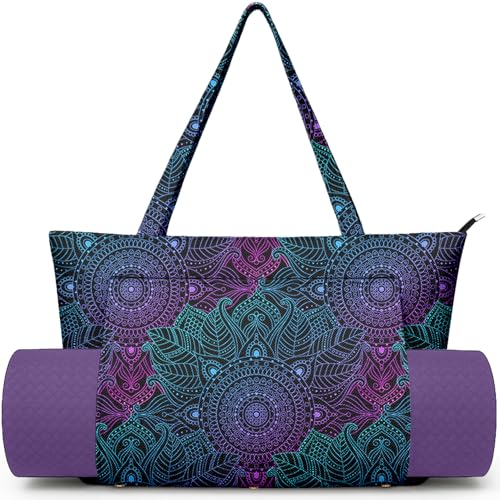 Yoga Bag for Women, Large Canvas Yoga Mat Tote Bag with Yoga Mat Carrier | Large Mat Pocket Fitness Tote for Pilates, Gym, Travel, Office & Beach - color: Black Texture