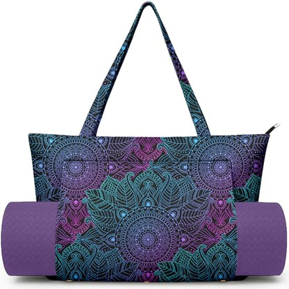 Yoga Bag for Women, Large Canvas Yoga Mat Tote Bag with Yoga Mat Carrier | Large Mat Pocket Fitness Tote for Pilates, Gym, Travel, Office & Beach - color: Black Texture