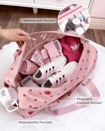 Hihealer Strawberry Gym Bag for Women & Girls, Corduroy Yoga Mat Bag with Holder, Large Capacity Dance Duffel Bag for Pilates, Travel Weekender Bag with Wet Pocket