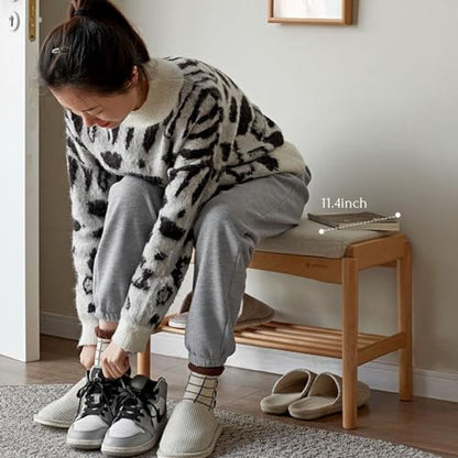 Oak Wood Shoe Bench, 24 Inch Entryway Bench with Light Gray Cushion - color: Natural + Light Gray Cushion, size: 23.62"