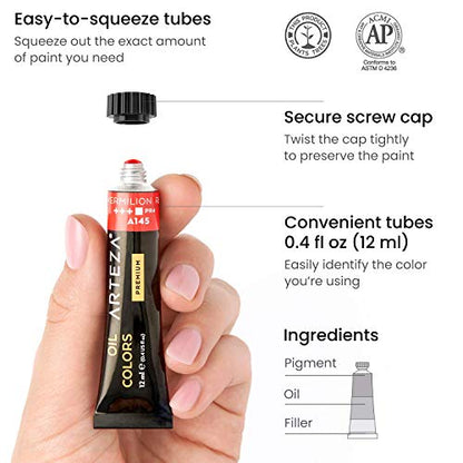 ARTEZA Oil Paint Set – 24 Multicolor Tubes (0.4 Fluid Ounces Each), Vibrant Oil-Based Paints for Canvas & Art Projects