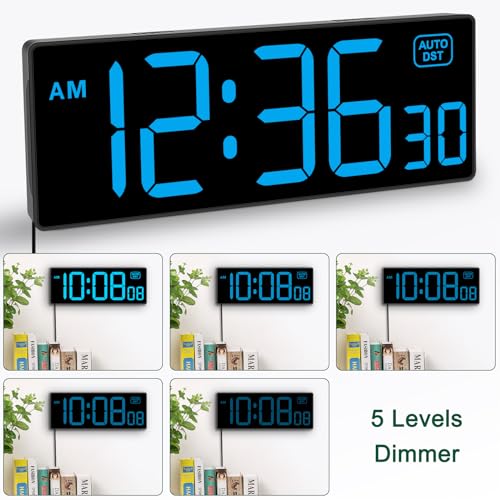 Soobest LED Wall Clock Digital Clock with Seconds | Large Digital Clock Bold Numbers for Seniors, Plug Electric Clock Dimmable Large Display, Auto DST, Gym, 10 Inches - color: 10.2" Blue
