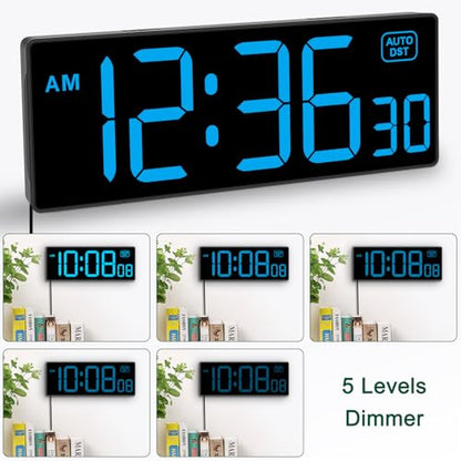 Soobest LED Wall Clock Digital Clock with Seconds | Large Digital Clock Bold Numbers for Seniors, Plug Electric Clock Dimmable Large Display, Auto DST, Gym, 10 Inches - color: 10.2" Blue