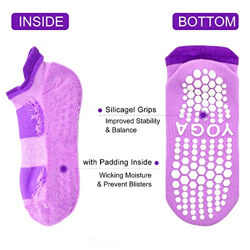 Busy Socks 2 Pack Women Ankle Non Slip Yoga Pilates Grip Socks with Cushion | Anti Skid Slipper Arch Support Socks for Barre Bikram Dance Trampoline Fitness Hospital Home Floor Walking Jogging Cardio - color: 2 Pairs Purple